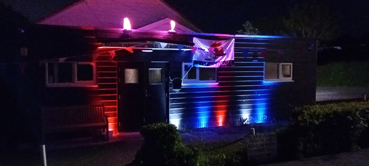The hall turns Red White and Blue celebrating the 80th anniversary of VE Day